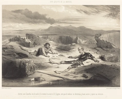 ...dieron con Sancho en el suelo y lo mismo le avinó d D. Quixote... by Célestin Nanteuil, print, 1855