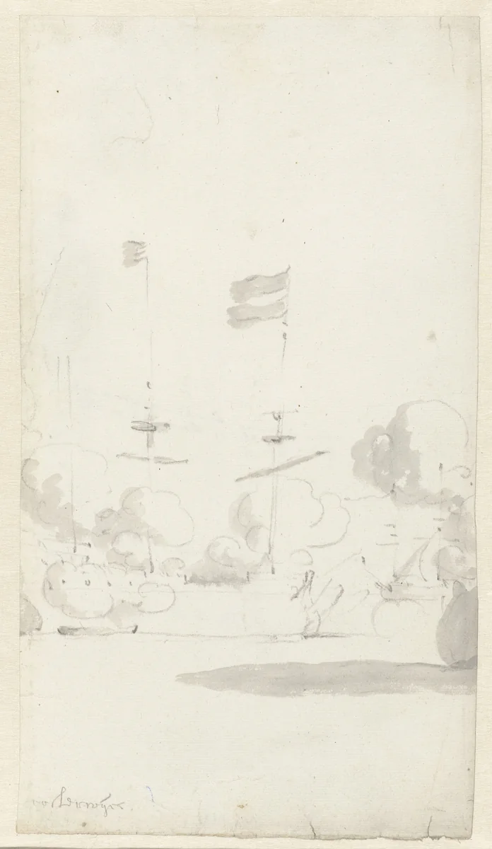 Het schip Oosterwijk tijdens de de slag bij Lowestoft op 13 Juni 1665 by Willem van de Velde, drawing, 1665