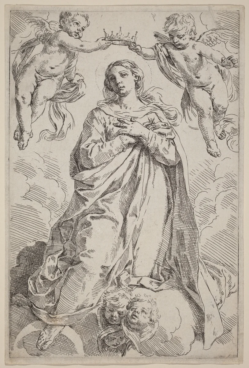 The Coronation of the Virgin by Simone Cantarini, print, 1612-1648