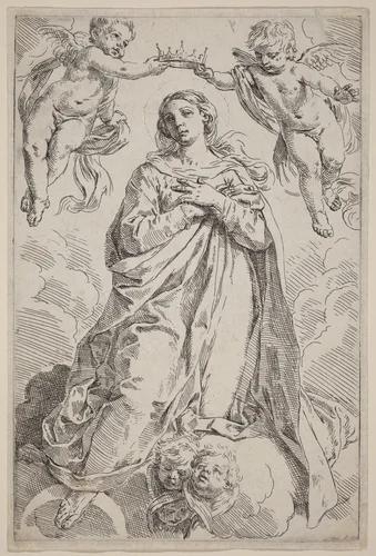 The Coronation of the Virgin by Simone Cantarini, print, 1612-1648