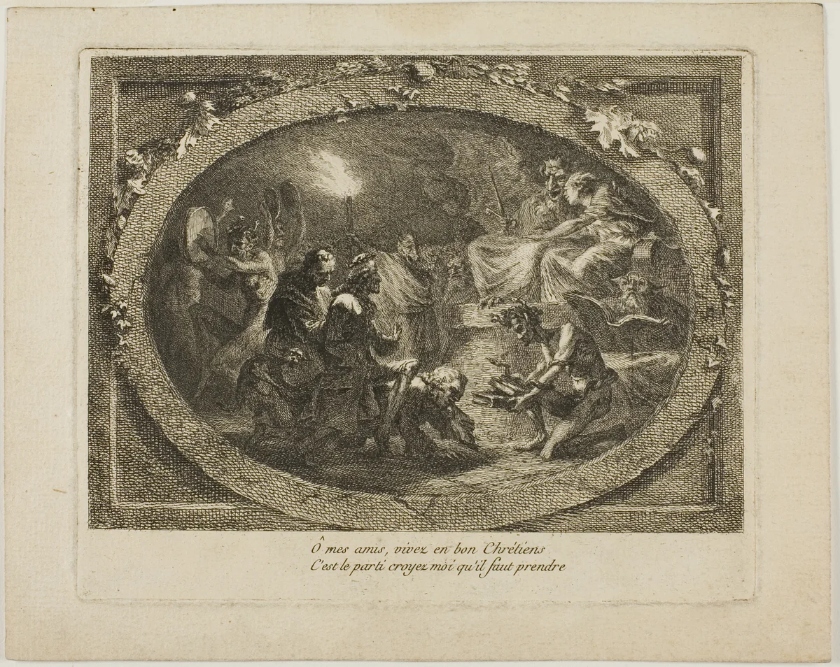 Voltaire Arriving in Hell Riding Jean-Jacques Rousseau by Unknown Artist, print, 1765-1775