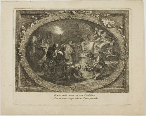 Voltaire Arriving in Hell Riding Jean-Jacques Rousseau by Unknown Artist, print, 1765-1775