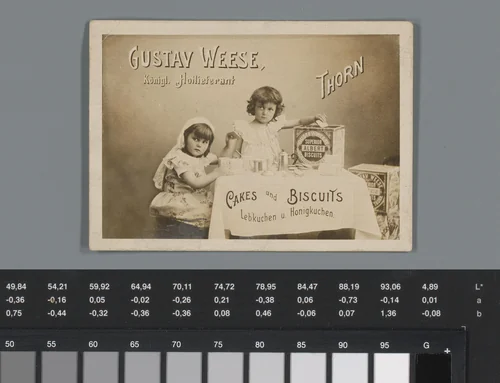 Reclame voor koekjes van Gustav Weese te Thorn met twee kinderen met hand in een koektrommel by anonymous, photograph, 1865-1900