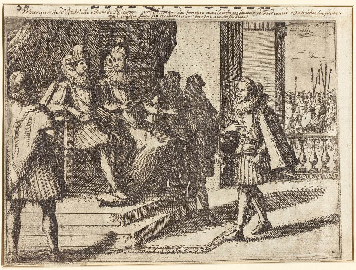 King and Queen in Consultation about the Turks [recto] by Jacques Callot, print, 1612