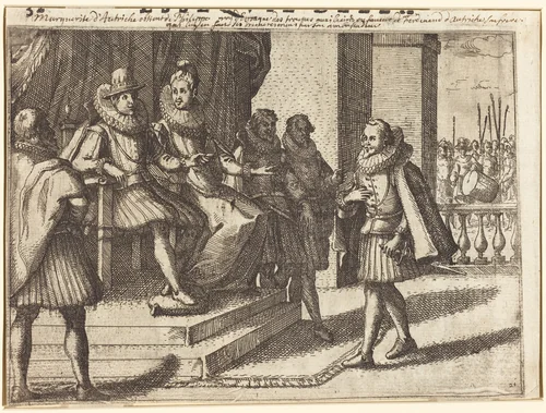 King and Queen in Consultation about the Turks [recto] by Jacques Callot, print, 1612