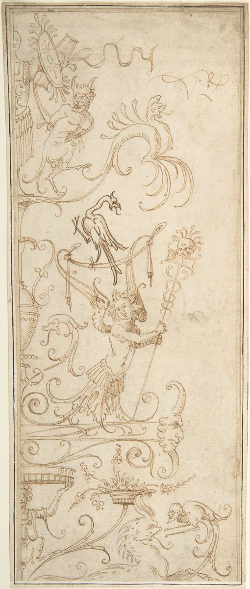 Antique-Style Ornamental Oblong Design: Grotesque Figures, Masks, and Amphorae by anonymous, drawing, 1500-1550