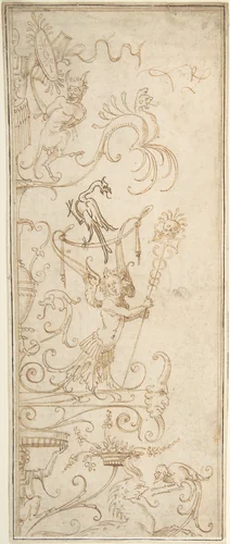 Antique-Style Ornamental Oblong Design: Grotesque Figures, Masks, and Amphorae by anonymous, drawing, 1500-1550