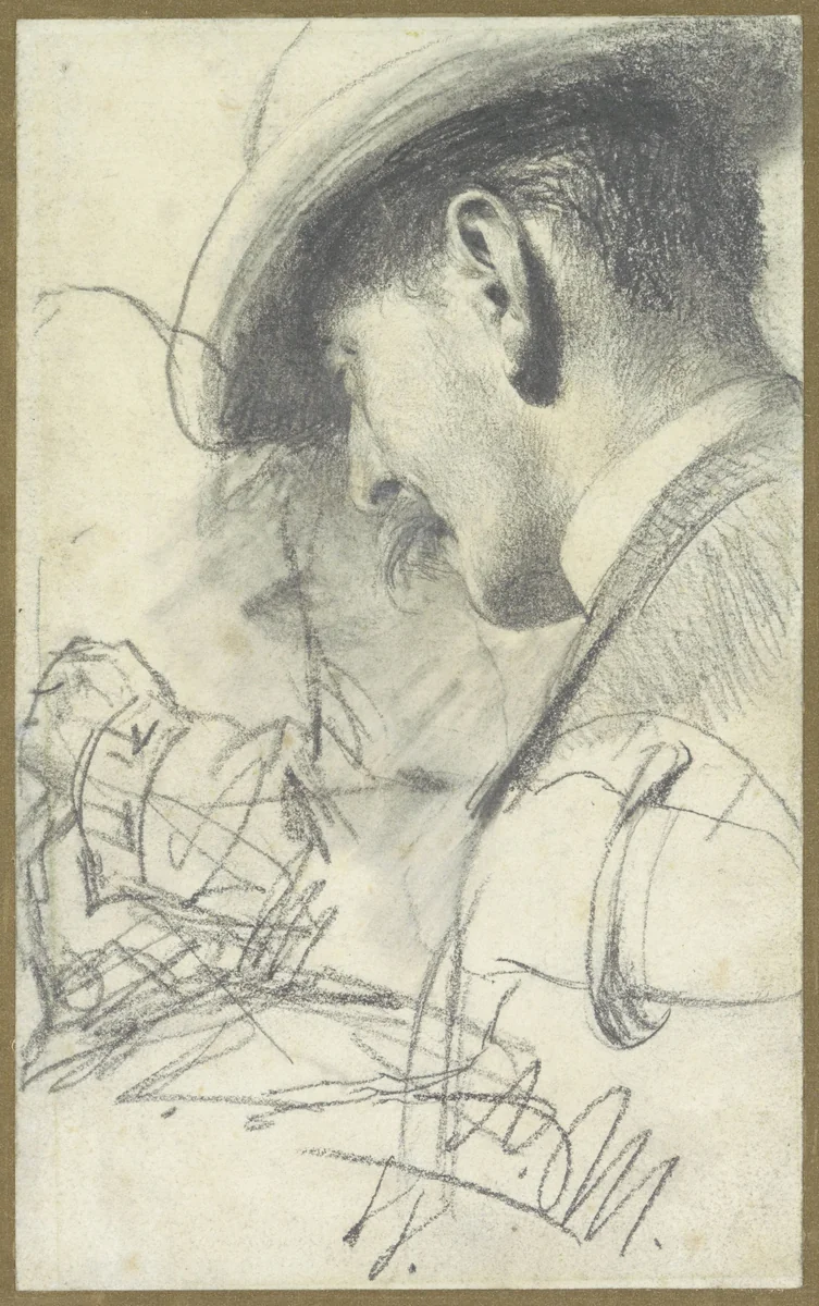 Schetsblad met een heer met knevel en hoed, schuin van achteren gezien, benevens enige details by Adolph Menzel, drawing, 1888