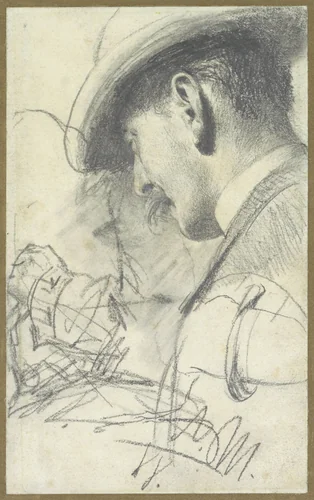 Schetsblad met een heer met knevel en hoed, schuin van achteren gezien, benevens enige details by Adolph Menzel, drawing, 1888