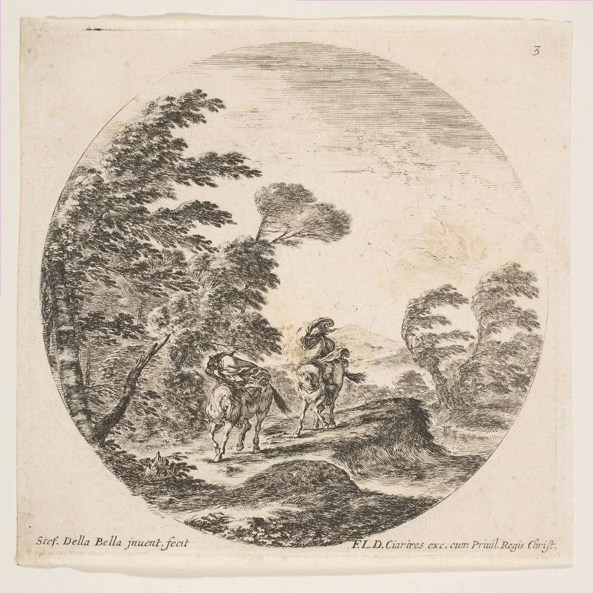 A gale in the forest, two horsemen wrapped in their cloaks, with the wind blowing from the left side, plate 3 from "Roman landscapes and ruins" (Paysages et ruines de Rome) by Stefano della Bella, print, 1641-1651