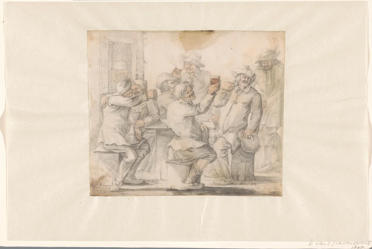 Rokende en drinkende boeren by D. van 's Gravenweert, drawing, 1695