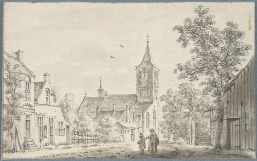Village Street Scene with a Church by Cornelis Ploos van Amstel, drawing, 1777