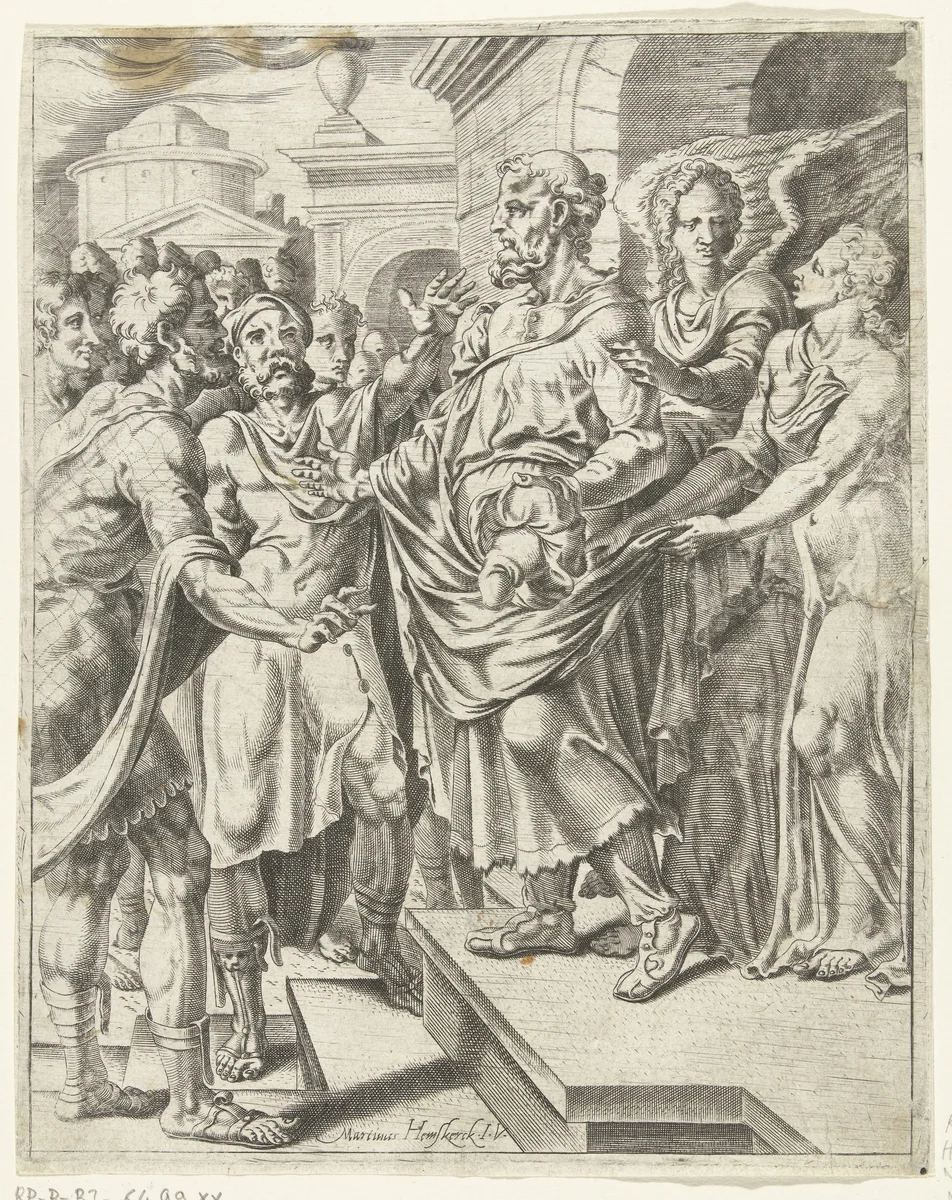 Twee engelen trekken Lot het huis binnen by Cornelis Bos, print, 1551