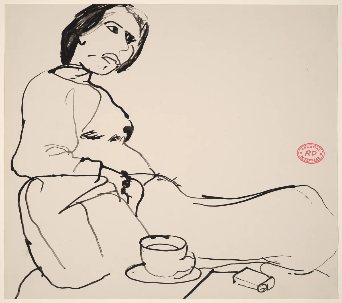 Untitled [seated woman with coffee and a pack of cigarettes] by Richard Diebenkorn, drawing, 1955-1967