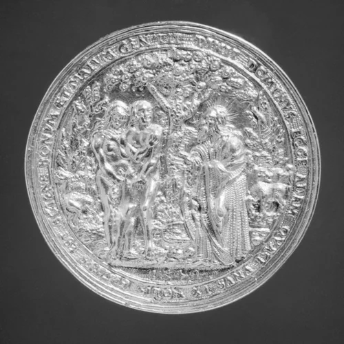 Adam and Eve in the Garden of Paradise by Master of 1549, metalwork, 1549