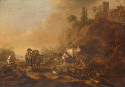 Landscape with Herdsmen and their Droves by Cornelis de Bie, painting, 1648
