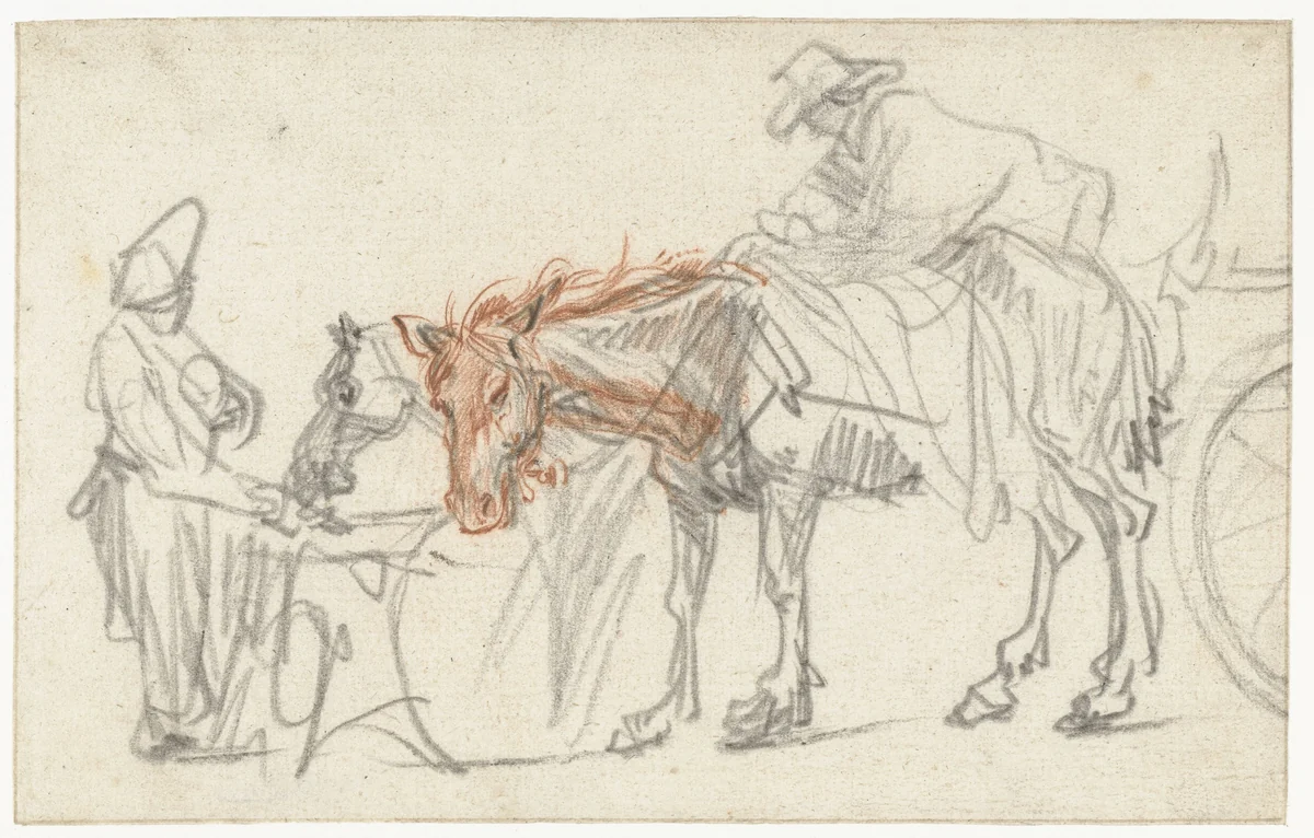 Twee paarden bij een halteplaats by Rembrandt van Rijn, drawing, 1637