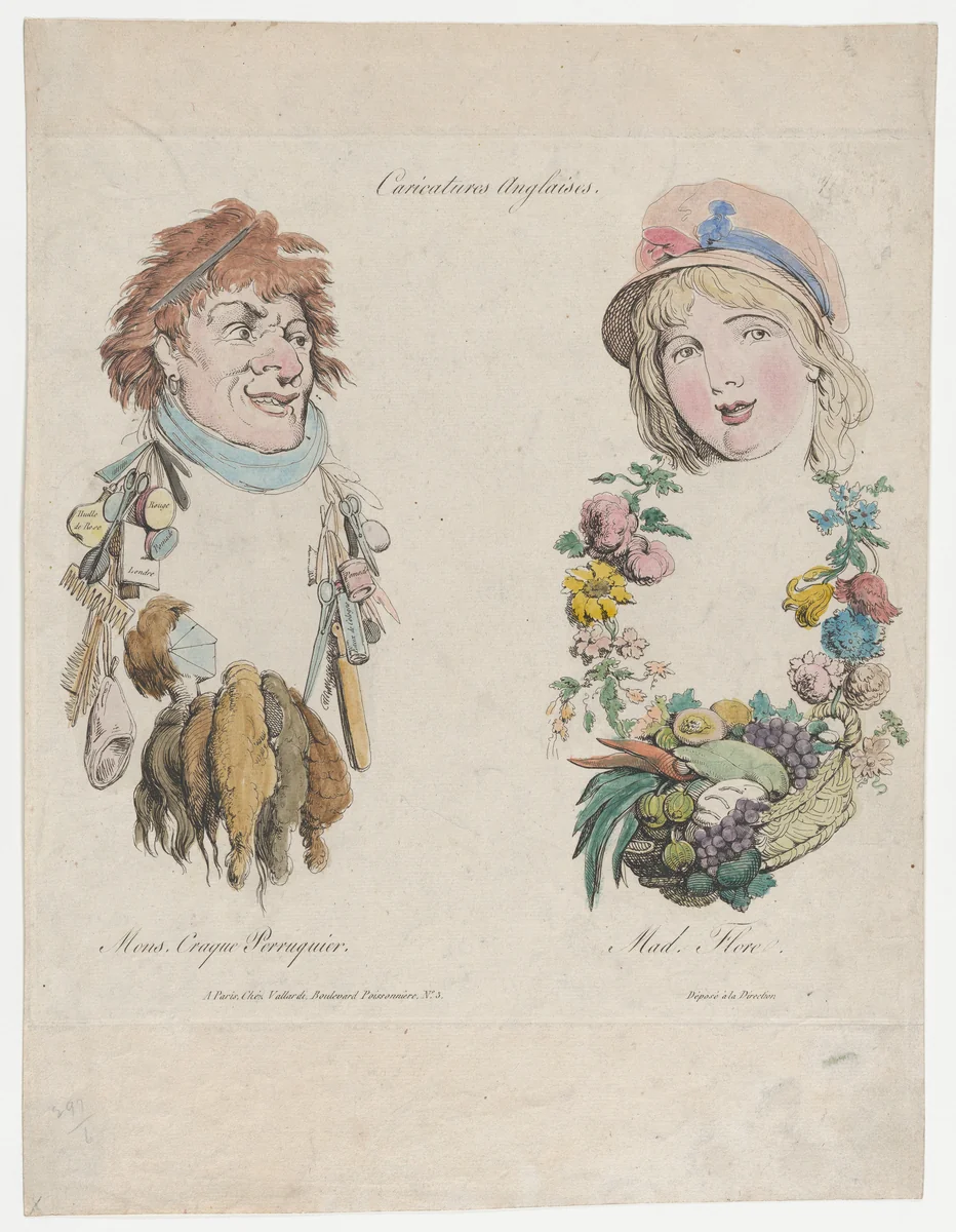 Caricatures Anglaises: Monsieur Craque Perruquier et Mademoiselle Flore by anonymous, print, 1800
