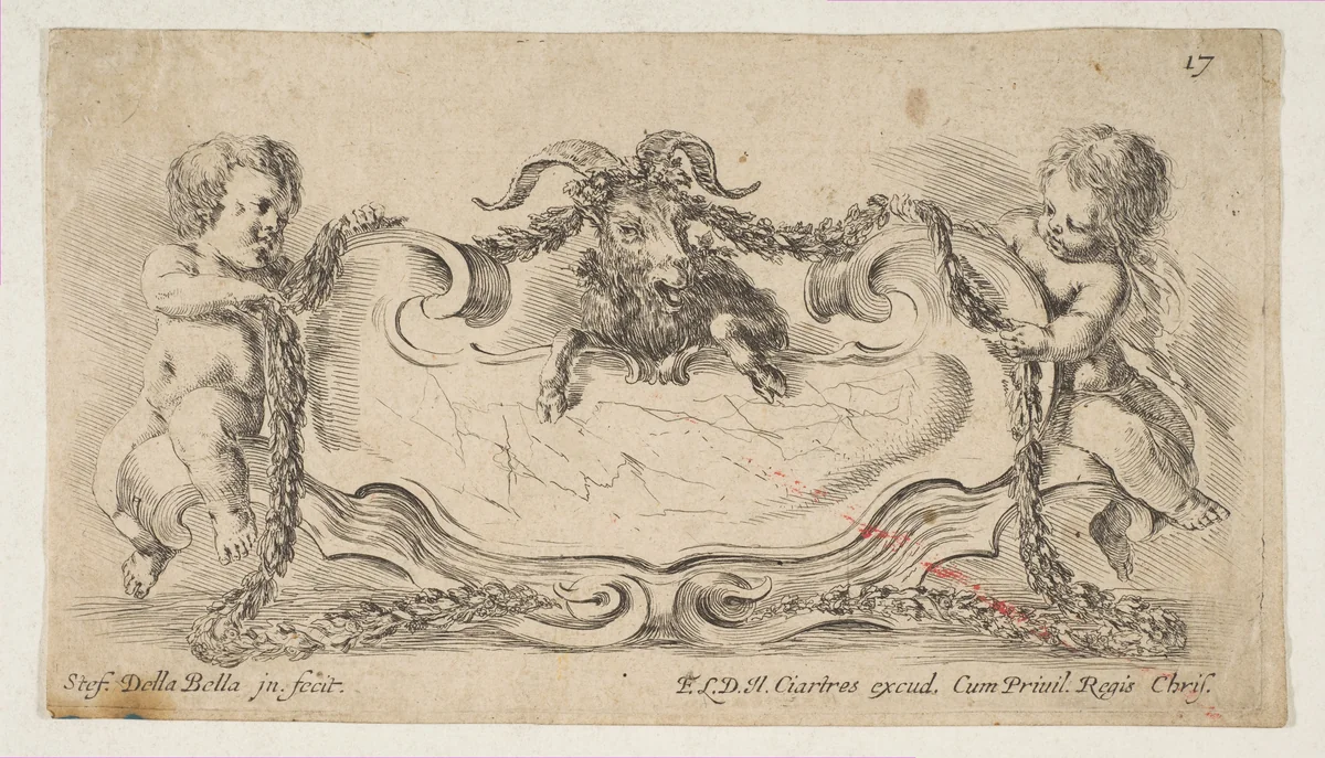 Cartouche Framed by Children and a Goat by Stefano della Bella, print, 1646