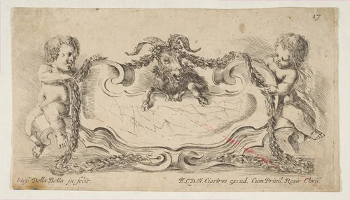 Cartouche Framed by Children and a Goat by Stefano della Bella, print, 1646