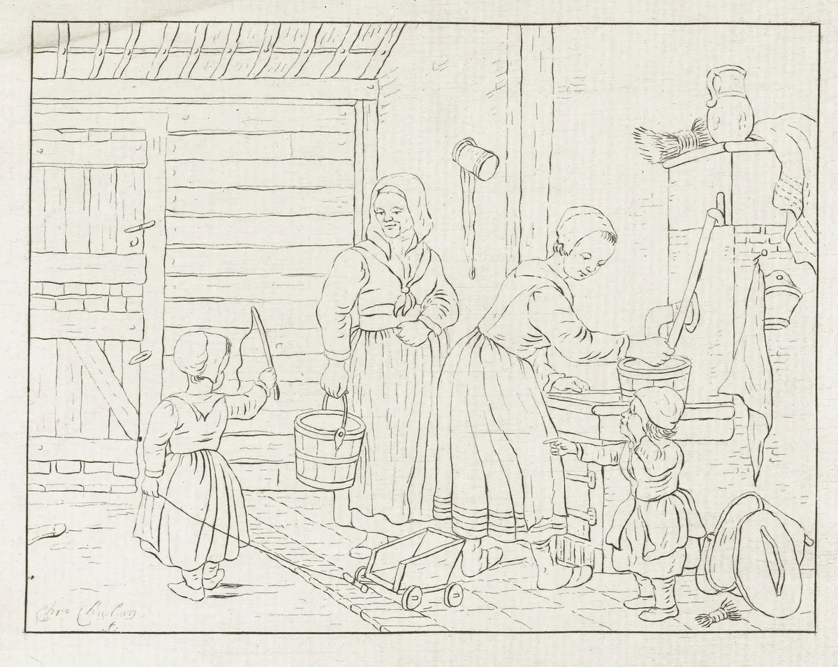 Vrouwen en kinderen in interieur bij waterpomp by Pieter de Mare, print, 1779-1796