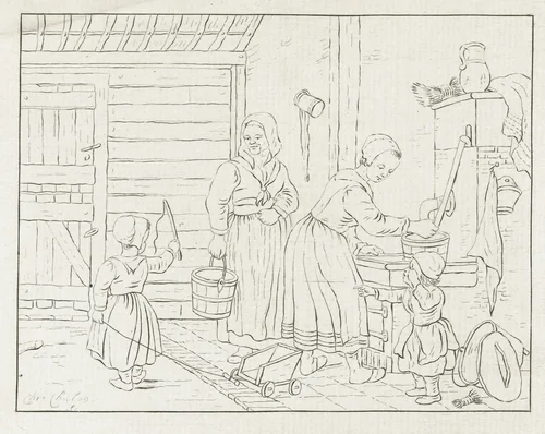 Vrouwen en kinderen in interieur bij waterpomp by Pieter de Mare, print, 1779-1796
