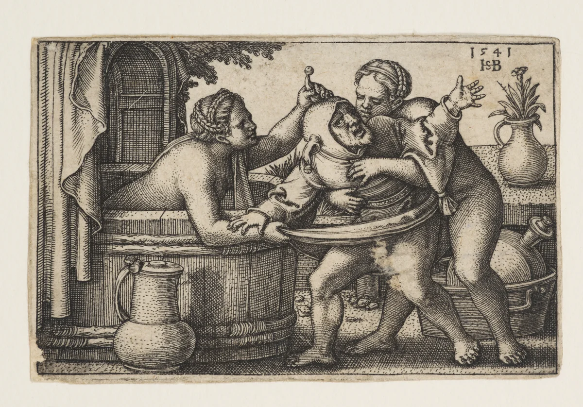 Buffoon and the Two Bathing Women by Sebald Beham, print, 1541