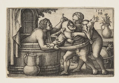 Buffoon and the Two Bathing Women by Sebald Beham, print, 1541
