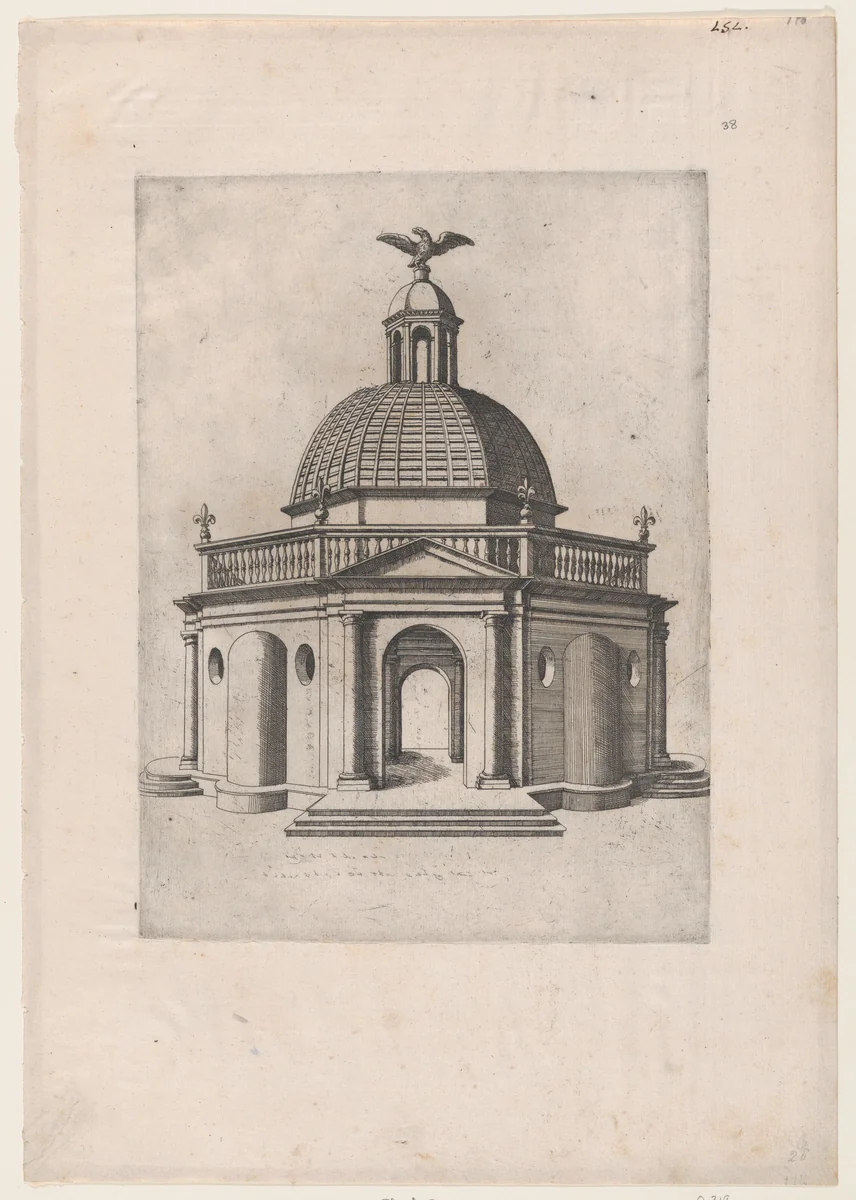 Octagonal Temple with a dome, surmounted by a domed turret, crowned with an eagle, from "Speculum Romanae Magnificentiae" by anonymous, print, 1530-1580