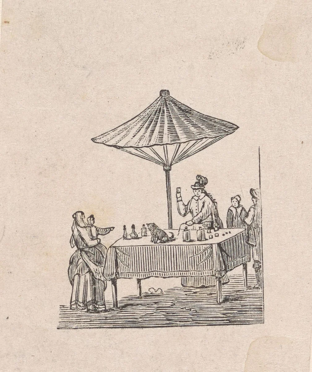 Straatverkoopster met een klant by Isaac Weissenbruch, print, 1836-1912