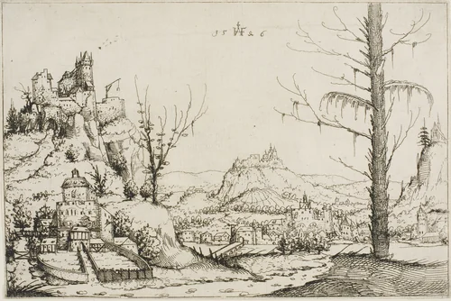 Landscape with a Fortress on a Hill by Augustin Hirschvogel, print, 1546
