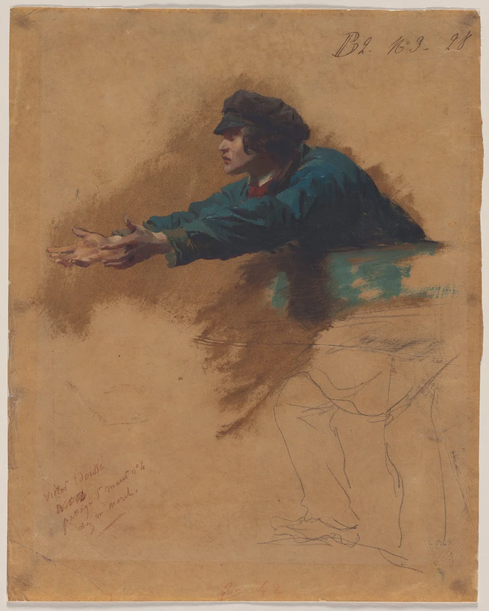 Young Man Leaning Forward with Outstretched Arms (Study for Soldiers Distributing Bread to the Poor) by Isidore Pils, drawing, 1846-1856