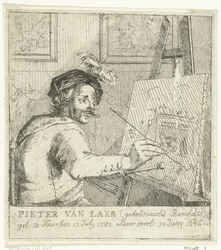 Portret van schilder Pieter van Laer bij schildersezel by Cornelis van den Berg, print, 1765