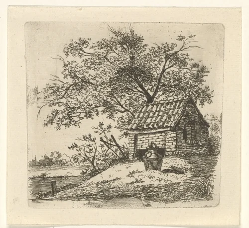 Melkkan bij een schuurtje by Gerrit Lamberts, print, 1810-1850