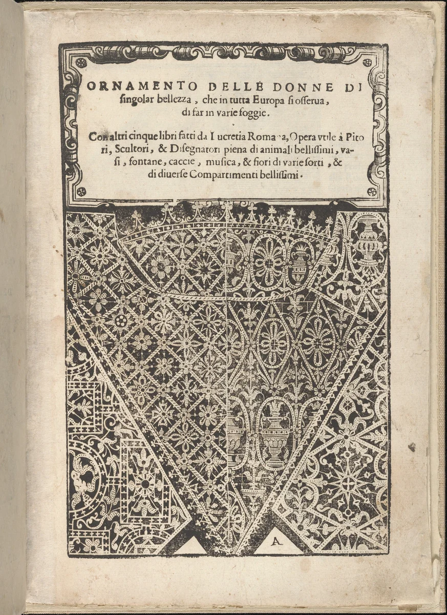 Ornamento nobile...Fatta da Lucretia Romana (Libro V of the Corona), page 2 (recto) by Cesare Vecellio, book, 1620