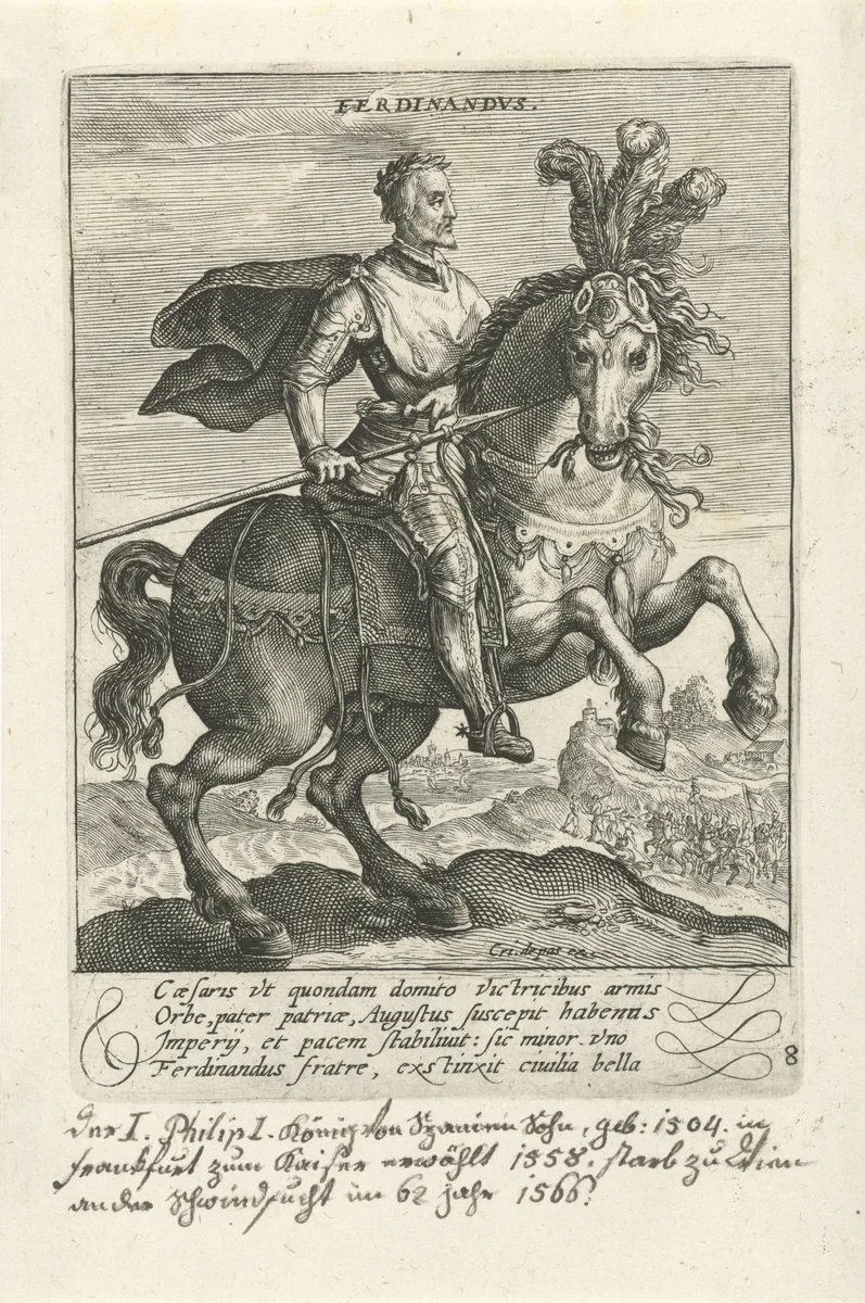 Ferdinand I van Habsburg te paard by Crispijn van de Passe, print, 1604
