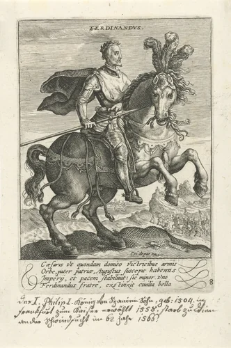 Ferdinand I van Habsburg te paard by Crispijn van de Passe, print, 1604