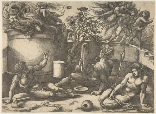 Cain holding a mirror watching his sacrifice engulfed in flames, Adam and Eve seated nearby; in the upper right an angel expelling them from Paradise by Agostino Veneziano, print, 1525-1535