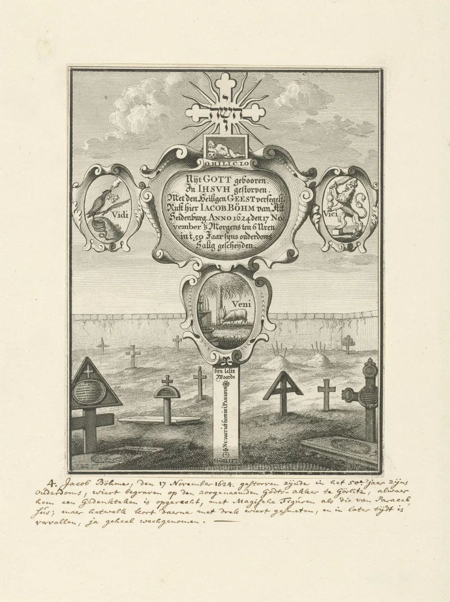Gedenkteken voor Jakob Böhme by Joseph Mulder, print, 1686