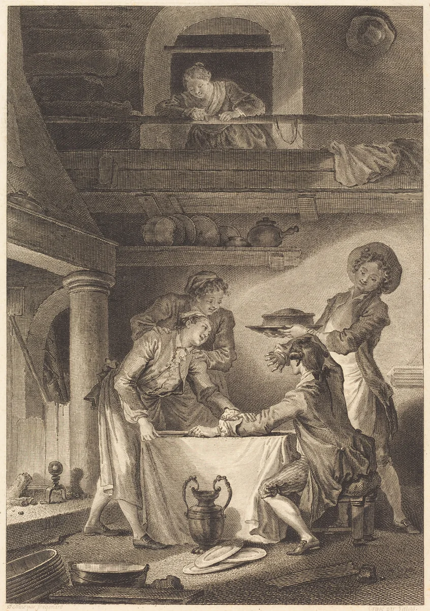 Le pate d'anguilles by Charles Emmanuel Patas; Jean Honoré Fragonard, print, 1744-1802