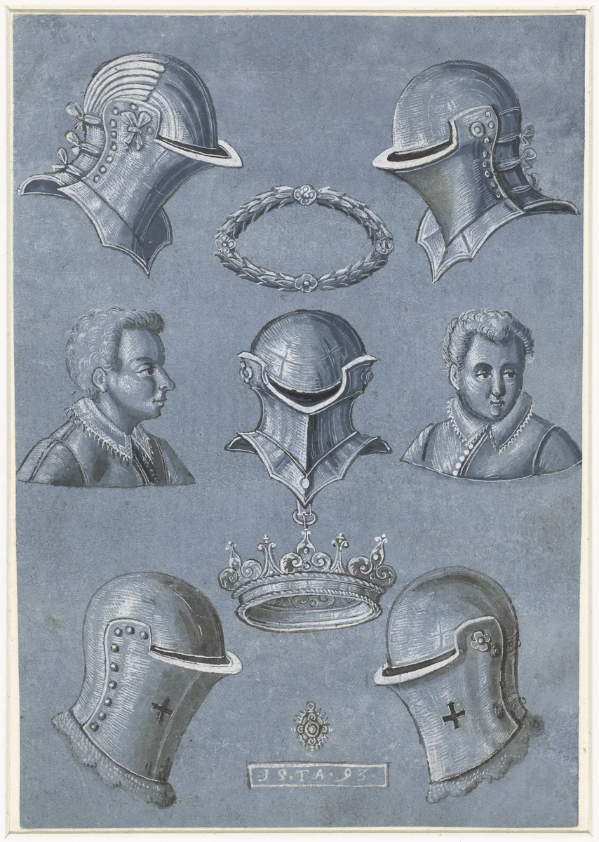 Blad met vijf helmen, een kroon, een lauwerkrans en twee bustes van jongelingen by Monogrammist TA, drawing, 1593