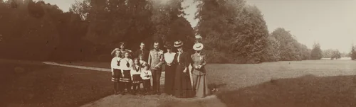 Grand Duchesses Olga, Tatiana, Anastasia, Maria and Tsarevich Alexis with Emperor Nicholas II and Xenia Alexandrovna on the Path by Unidentified Photographer, photograph, 1903