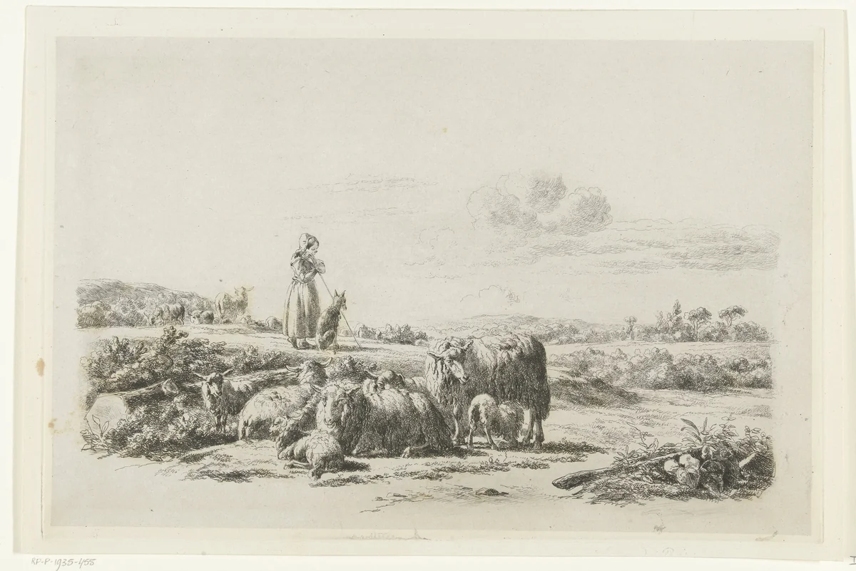 Landschap met herderin en hond bij kudde schapen by Simon van den Berg, print, 1822-1899