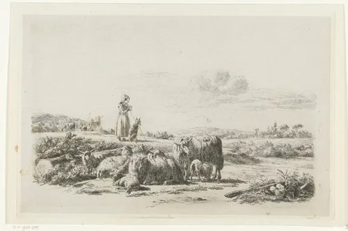 Landschap met herderin en hond bij kudde schapen by Simon van den Berg, print, 1822-1899