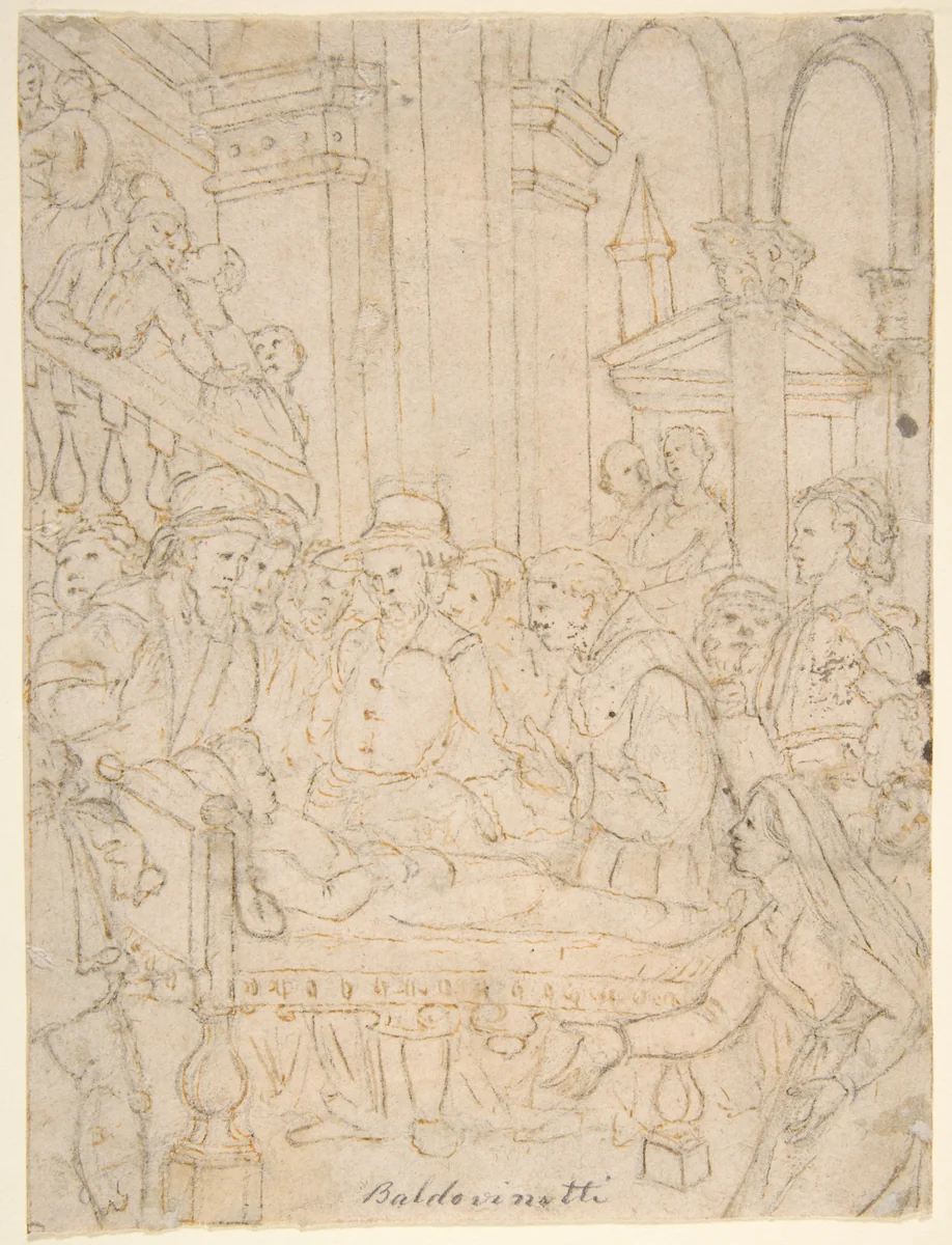 Saint Anthony of Padua Healing a Sick Man (recto); Partial Figural Studies Based on the Composition on the Recto (verso) by Tiberio Titi, drawing, 1590-1600