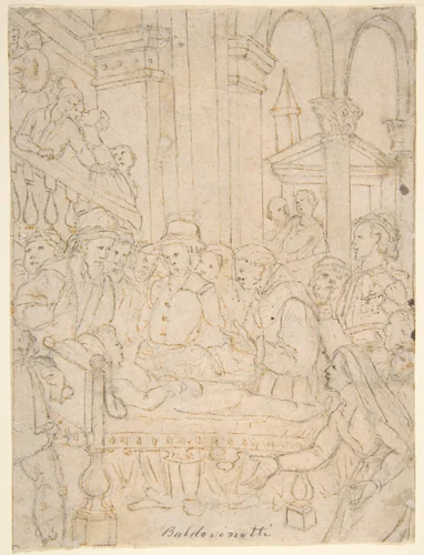 Saint Anthony of Padua Healing a Sick Man (recto); Partial Figural Studies Based on the Composition on the Recto (verso) by Tiberio Titi, drawing, 1590-1600
