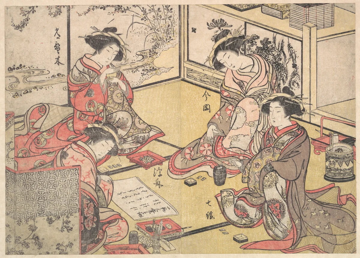 Four Oiran of the House Called Kadokana-ya Playing the Game of Ko-awase (Incense Game) by Katsukawa Shunshô (勝川春章), print, 1776