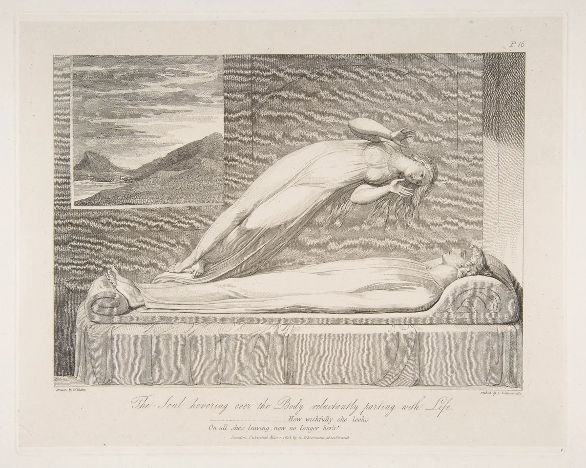 The Soul Hovering over the Body, Reluctantly Parting with Life, from "The Grave," a Poem by Robert Blair by William Blake, print, 1813