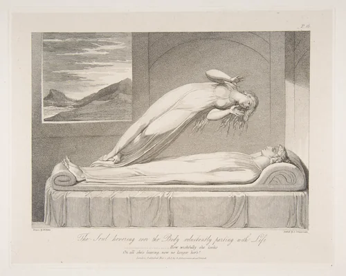 The Soul Hovering over the Body, Reluctantly Parting with Life, from "The Grave," a Poem by Robert Blair by William Blake, print, 1813