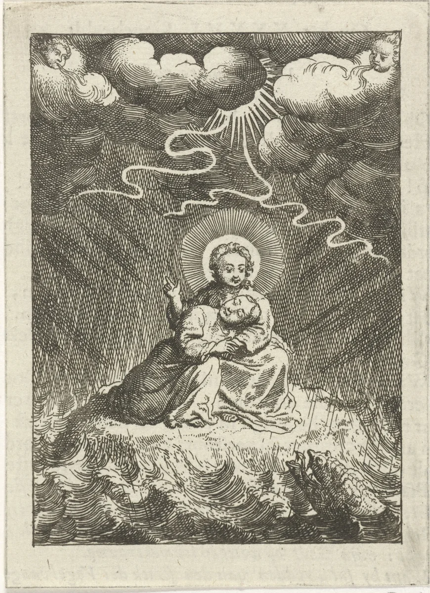Gepersonifieerde ziel slapend op Christus' schoot tijdens onweer en storm by Jan Luyken, print, 1678-1687